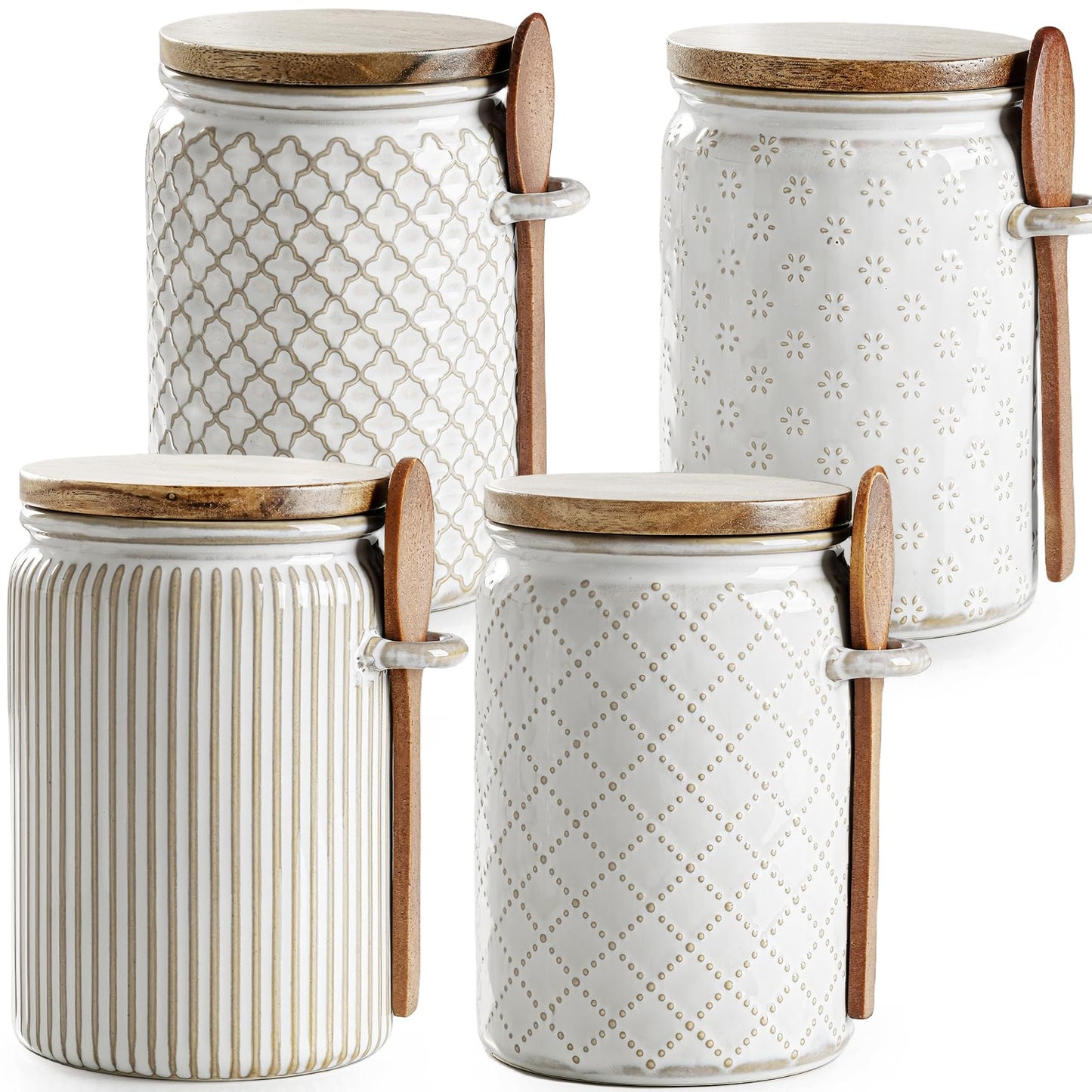 getstar Small Canisters Sets for the Kitchen, 20 oz Sugar Coffee Tea Storage Containers, Ceramic Kitchen Canisters for Countertop Set of 4 with Airtight Lids and Teaspoons