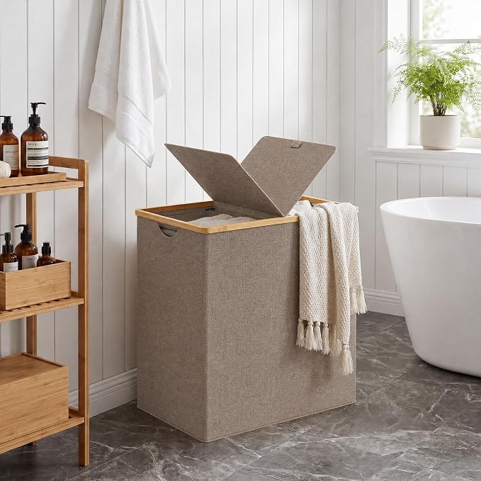 efluky Laundry Hamper with Lid, Double Laundry Basket with 2 Removable Bags, 2 Section Laundry Bin with Bamboo Handles for Bathroom, Bedroom & Laundry Room, 140L (36.9 Gallon) Brown