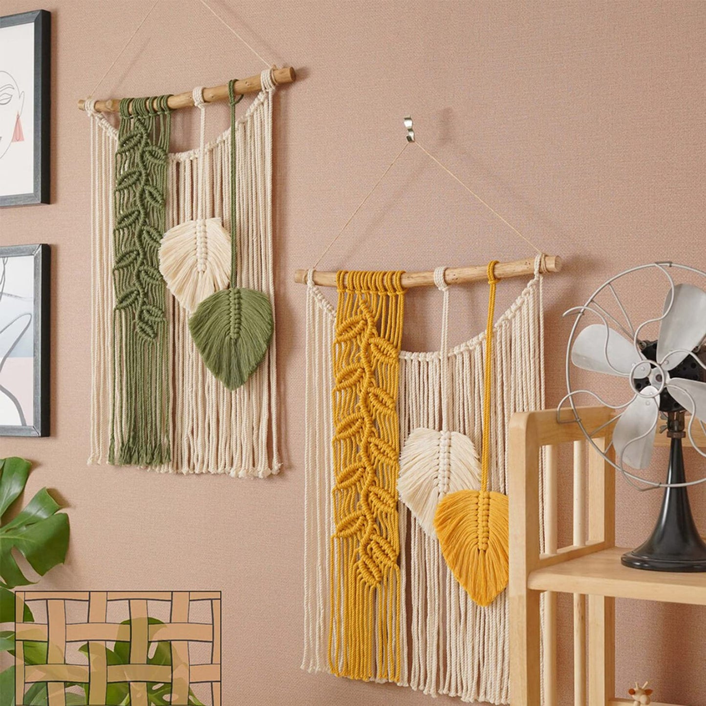 TITA-DONG Macrame Wall Hanging, Boho Woven Leaf Tassels, Modern Art for Bedroom Living Room Decor, Green Yellow(Green)