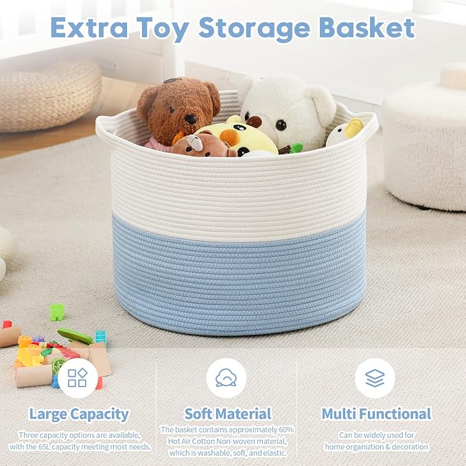Foldable Laundry Hamper Basket with Collapsible Handle Cotton Rope Soft Woven Fabric Storage Organizer Clothes Toys Nursery Bedroom Dorm Space Saving Bin (White & Blue, 65L(19.7"D x 12.6"H))