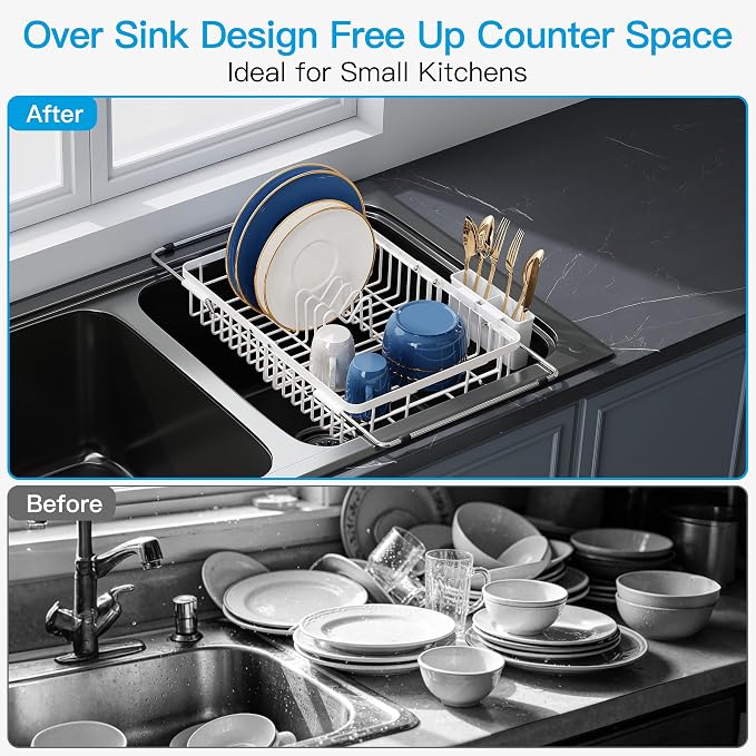 JASIWAY White Expandable Stainless Steel Dish Drying Rack Over The Sink for Small Kitchen, Counter Space Saving Compact Plate Drainer Strainer, Adjustable Hanging Metal Dish Dryer with Utensil Holder