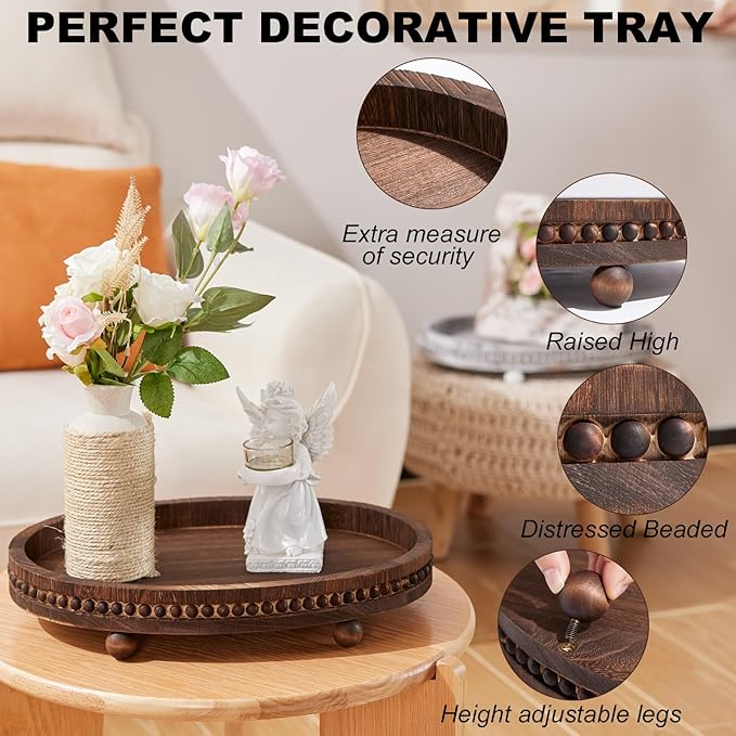 Wooden Decorative Tray-16×11.8in Wood Beaded Coffee Table Decor Tray, Rustic Farmhouse Decor Tray for Living Room, Bathroom, Kitchen Dining Table, Serving Tray Home Decor