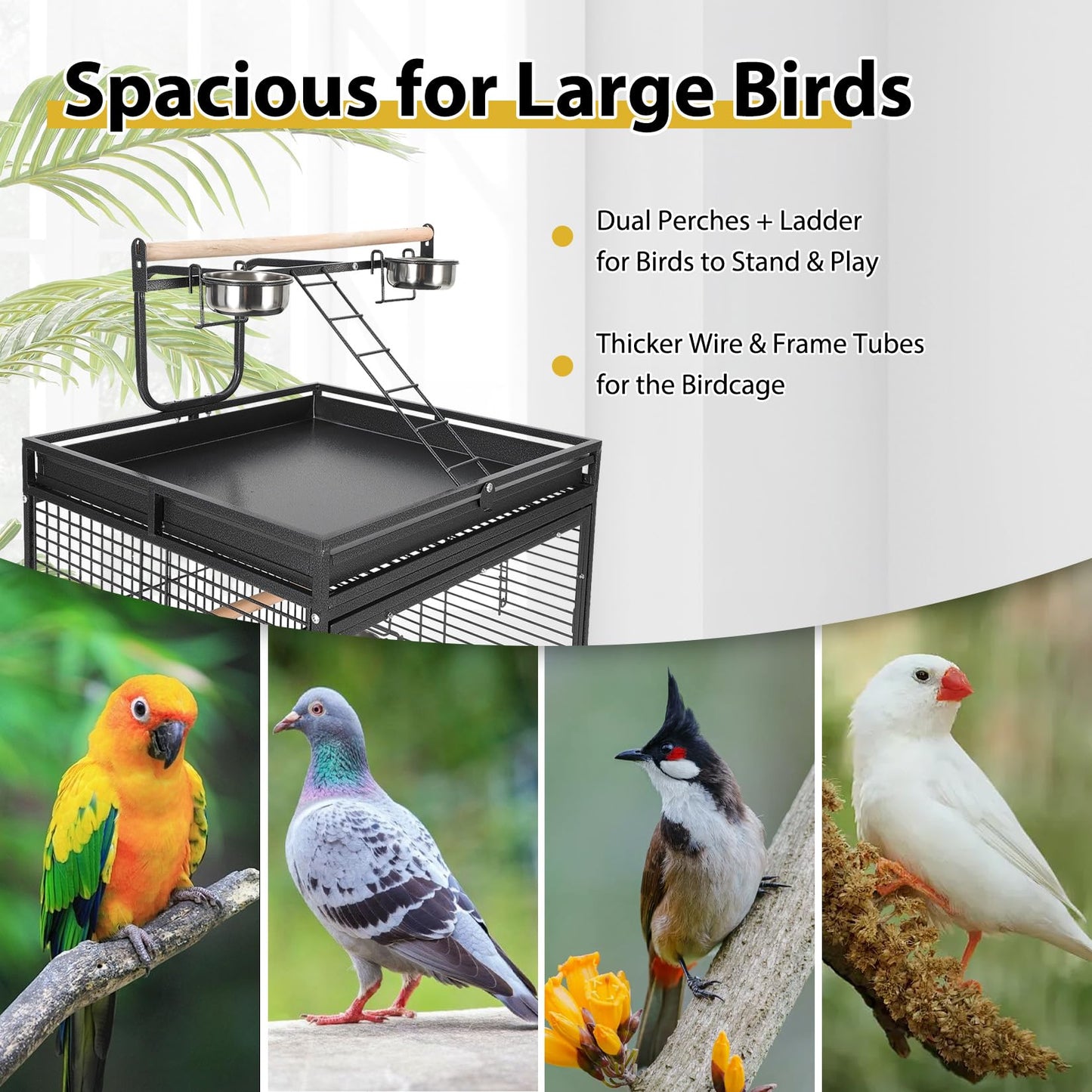 64.4" Tall Large Bird Cage, Metal Parrot Cage with Play Top, Rolling Stand & Bowls - Bird Aviary for Parrots, Conures, Cockatiels, Parakeets, Indoor Outdoor Aviary for Outside Porch Yard Garden