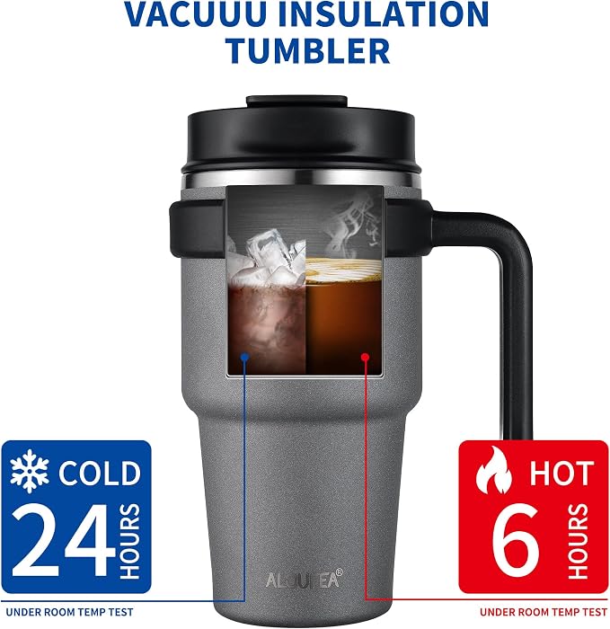 20 oz Insulated Coffee Mug Tumbler with Handle, Stainless Steel Travel Mug Tumbler with Lid and Straw, Double Wall Vacuum Leak Proof Ice Coffee Thermal Cup, Gray