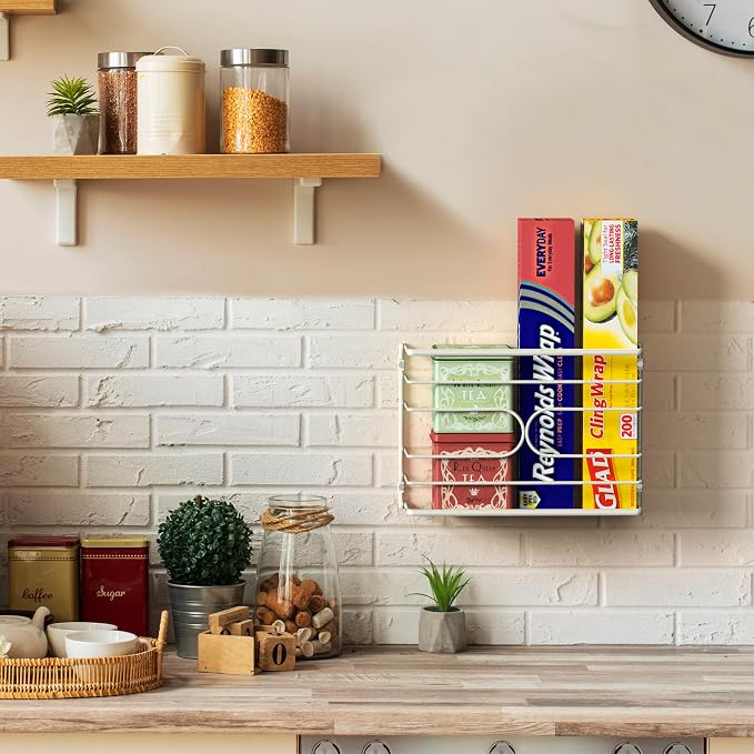 Deco Brothers Wall Mount Kitchen Wrap Organizer Rack, White