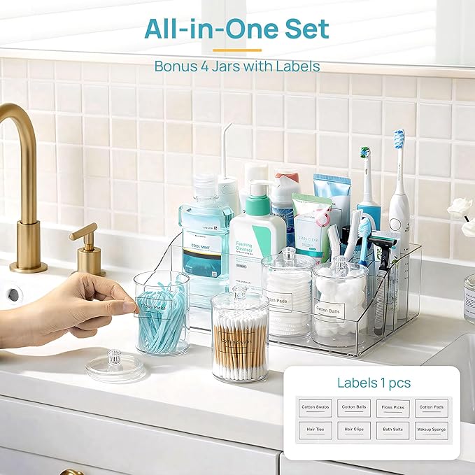 Vtopmart 5 PCS Bathroom Countertop Organizer, 1 Divided Tray with 4 Qtip Holder Jars, Restroom Clear Organizers for Toothbrush, Cotton Pads Balls, Floss, Bathroom Vanity Accessories Storage Set