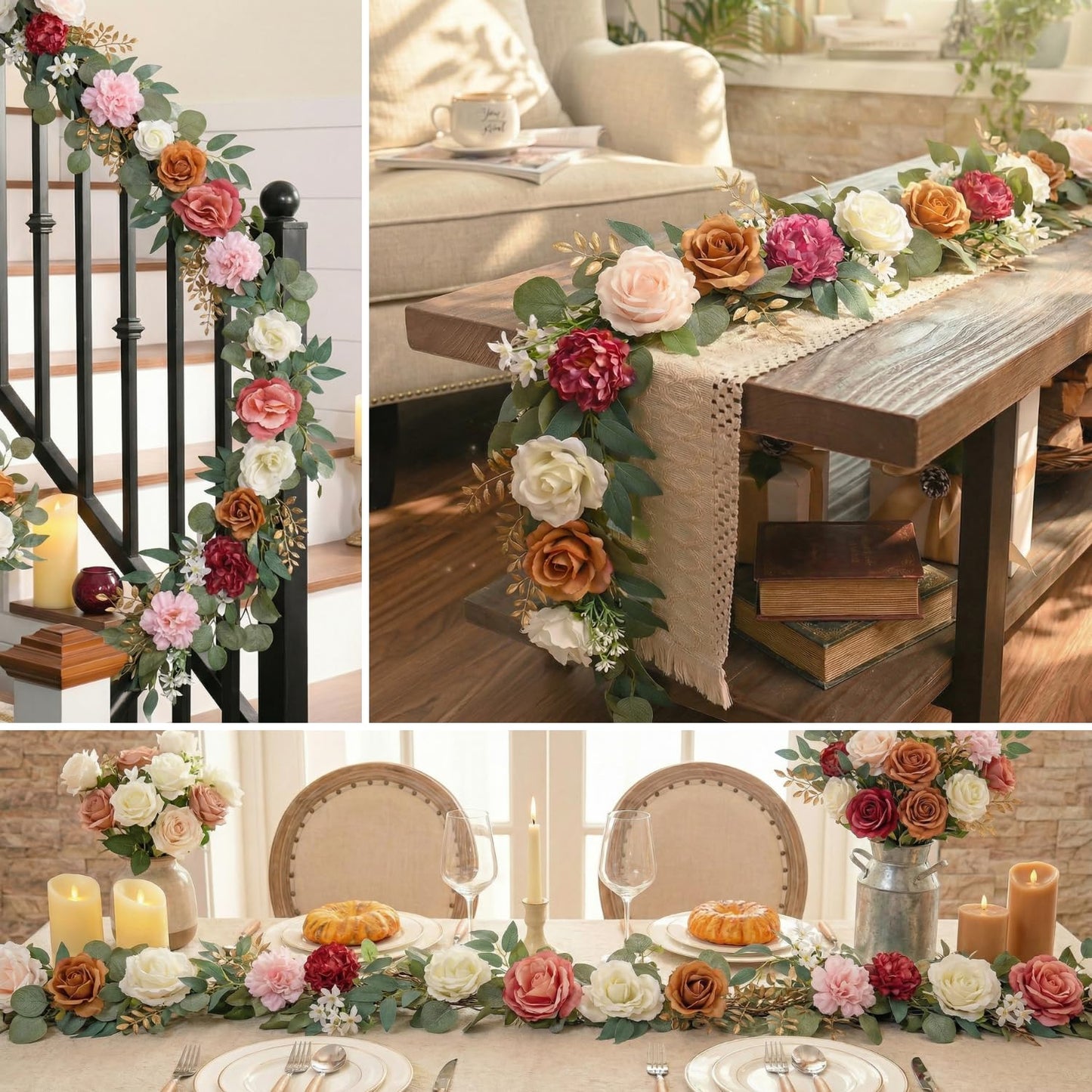 Valery Madelyn Pre-Lit Spring Flower Garland for Mantle with Lights, 6 feet Fake Roses Artificial Floral Vines Hanging Garland Decorations for Mothers Day Wedding Anniversary Party Table Home Decor
