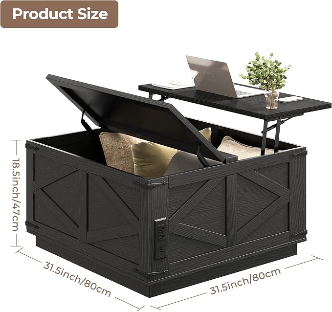 Jocoevol Farmhouse Lift Top Coffee Table, Square Wood Center Table with LED Lighting, USB-C Charging Station, and Hidden Storage Compartment - Rustic Black Living Room Furniture