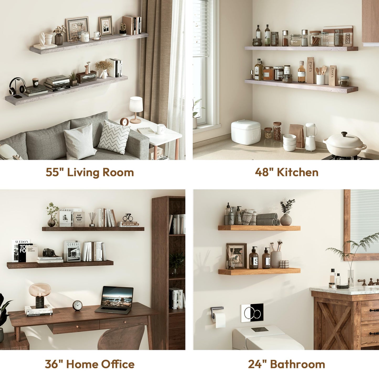 Vivelove Elm Floating Shelves for Wall Solid Wood, 24 Inches Long Rustic Wall Shelf with Invisible Bracket for Living Room Bedroom Bathroom Office Book, Farmhouse Wall Display Shelf, Set of 2 - Grey