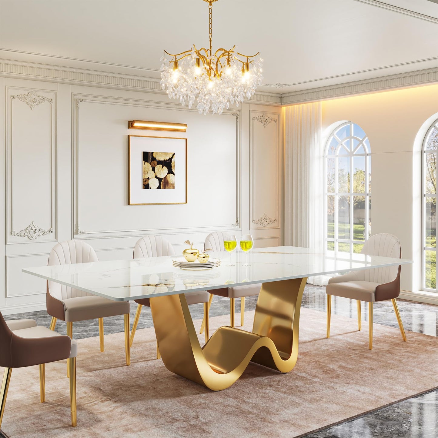 Tribesigns 78.74" Sintered Stone Dining Table for 6-8, Modern Rectangle Dining Table, Luxury White & Gold Kitchen Table with Stone Slate Katakin Tabletop & W-Shaped Stainless Steel Base (Only Table)