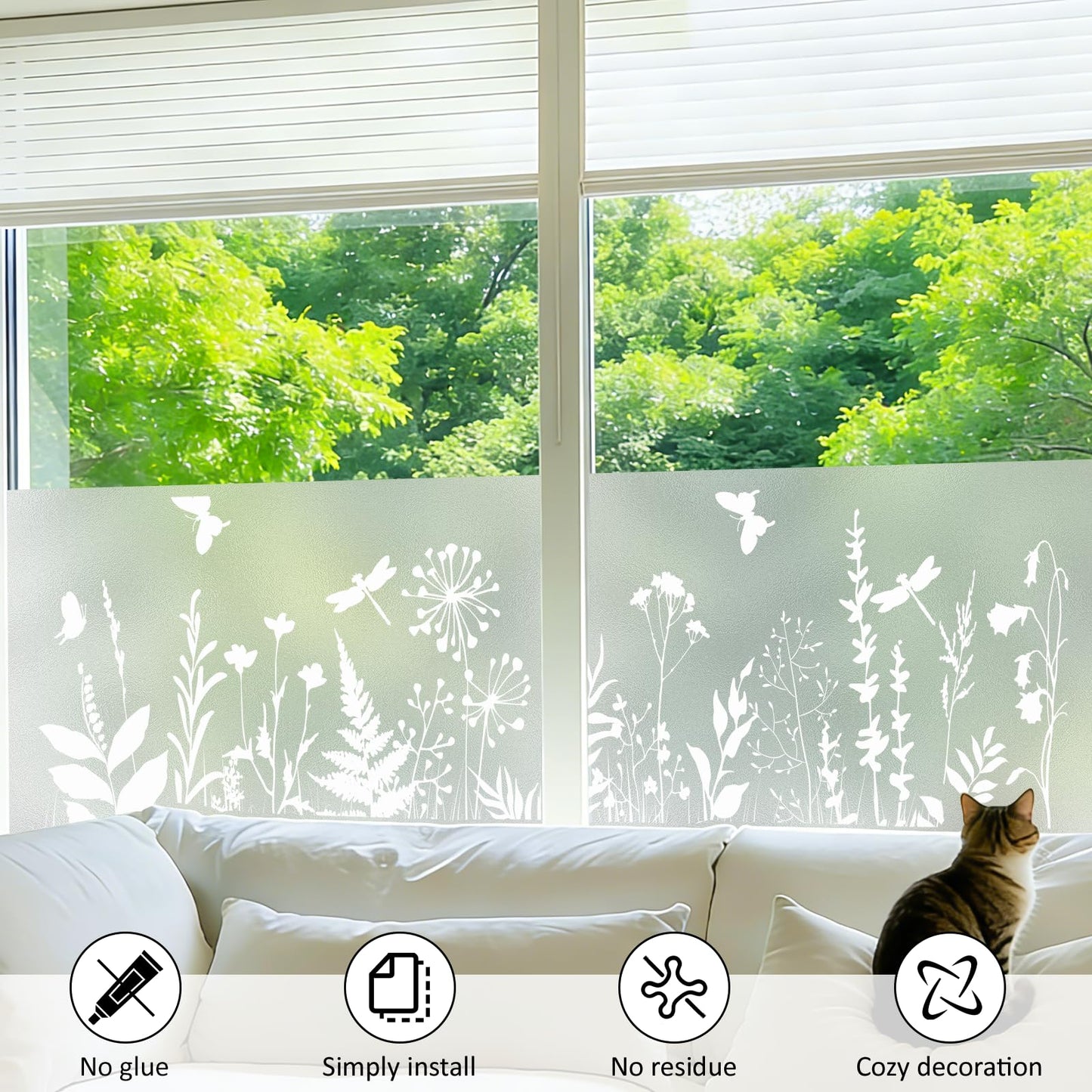 Niviy White Flowes Butterfly Window Clings Spring Summer Window Decals Frosted Glass Window Film Decorative Patterns, Non-Adhesive Reusable Sunroof Decal for Car and Home (Flower, 17.5 x 78.7 in)