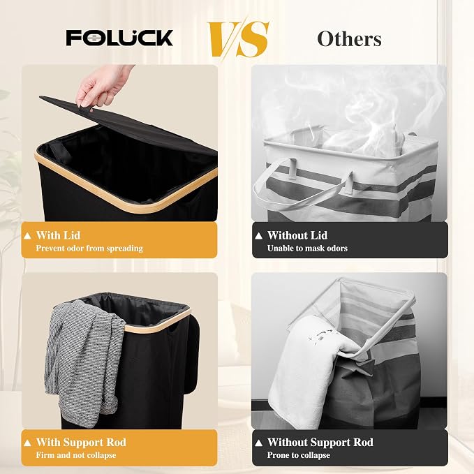 Foluck Large Laundry Hamper, 75L Waterproof Laundry Basket with Lid and Removable Bag, Collapsible Tall Clothes Hamper with Bamboo Handles for Clothes Toys in Dorm Bedroom Bathroom, Black
