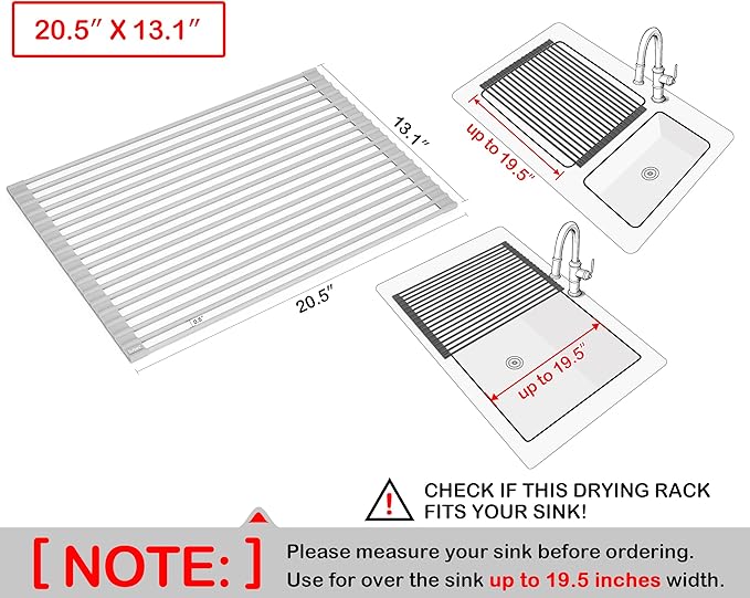 Surpahs 20.5 x 13.1 Inch Roll-Up Dish Drying Rack, Fits Across Sink Openings up to 19.5 Inches, Heavy-Duty Premium Silicone, Strong Support, Non-Slip, Heat-Resistant, Warm Gray