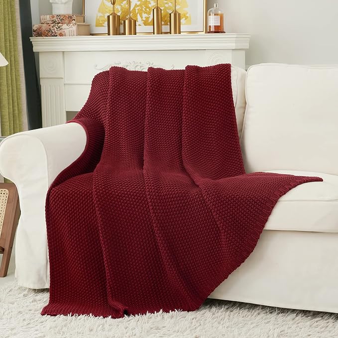 Longhui bedding Chunky Cable Knit Throw Blanket Lightweight Wine red 100% Organic Cotton Blanket for Sofa Couch Bed Baby Nursery, Rustic Shabby Chic Modern Farmhouse, 60” x 80” Give Laundering Bag