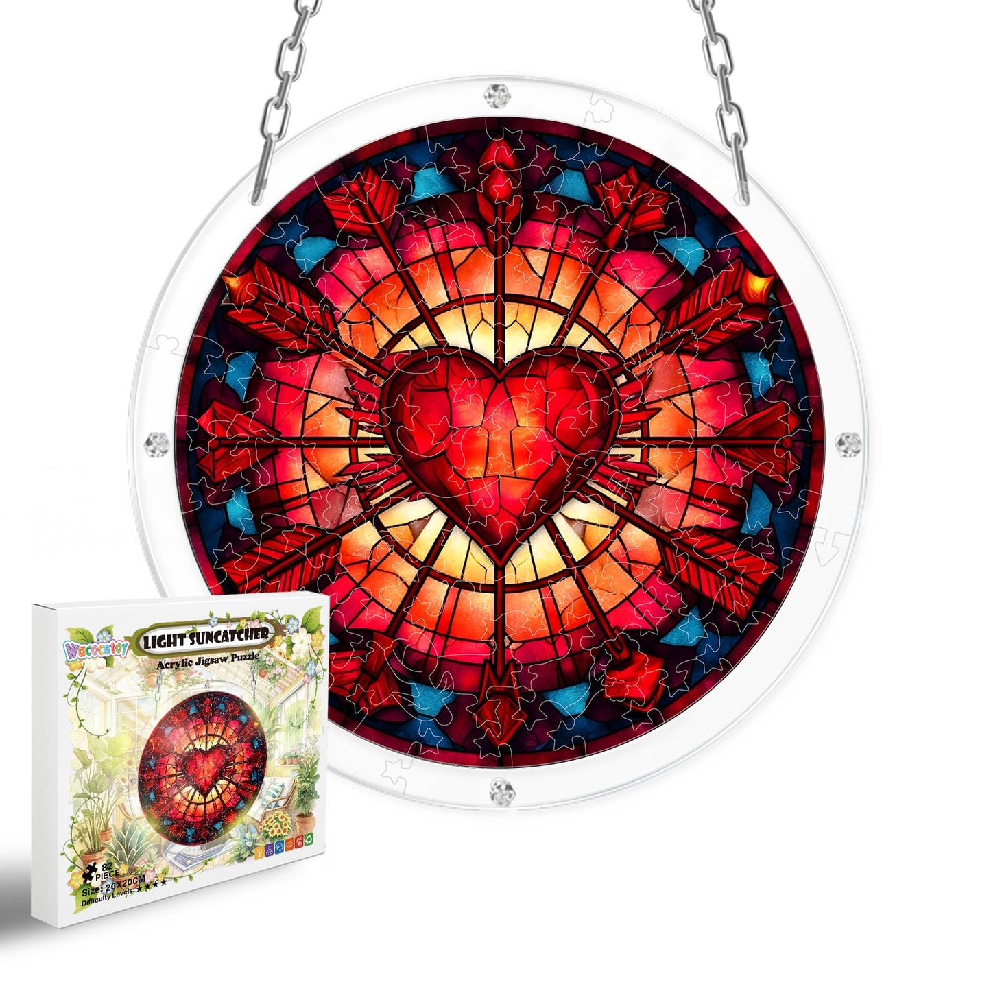 Acrylic Puzzle Suncatcher, Sun Catcher for Window Hanging, 83 Pieces 7.9 Inch Acrylic Puzzles Art Ornament for Garden, Ideal Birthday for Mom Women&Family (Heart-Shaped)