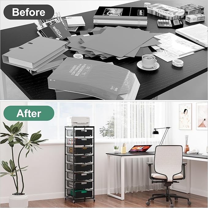EasyPAG Rolling Storage Cart With 8 Drawers, Metal Craft Organizers And Storage Cart With Wood Tabletop, 30 Lbs Capacity Per Drawer For Home Office Classroom And Dorm, Black