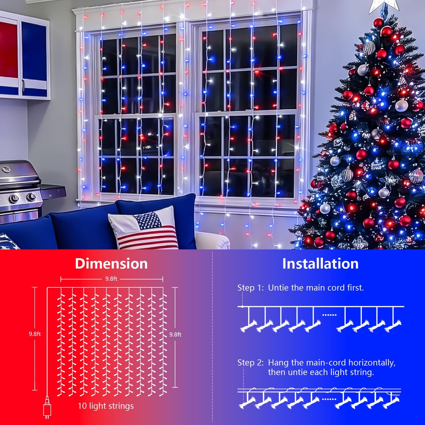 YEGUO 300 LED Red White and Blue Lights, 4th of July Lights Plug in, Patriotic Curtain Lights Hanging String Lights for Bedroom Wall Window Backdrop Indoor Outdoor Independence Memorial Day-9.8x9.8ft