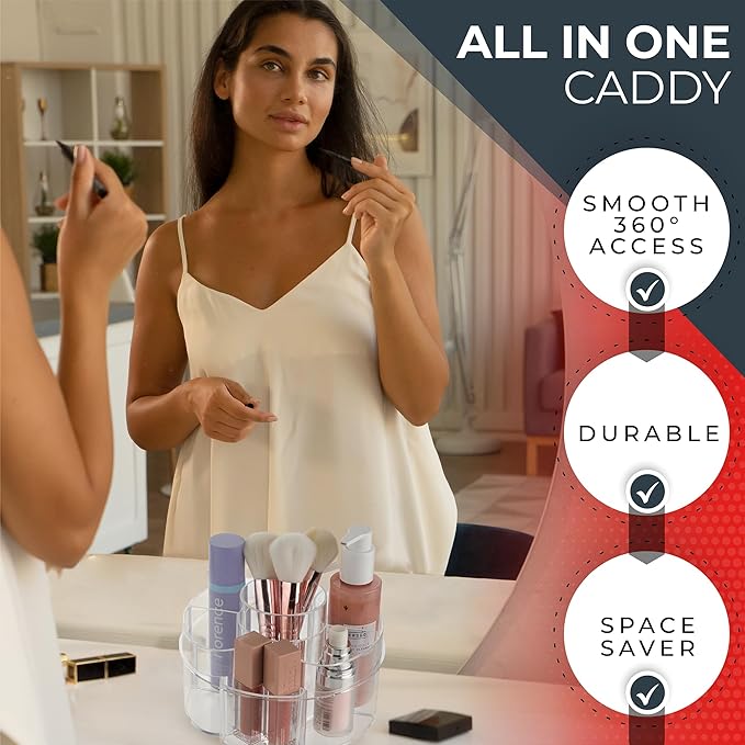 Masirs Small 360 Rotating Makeup Organizer - Mini Yet Spacious Cosmetic Storage Solution with Multiple Compartments - The Perfect Spinning Make-Up Caddy for Vanity or Bathroom Counter (Round - Clear)