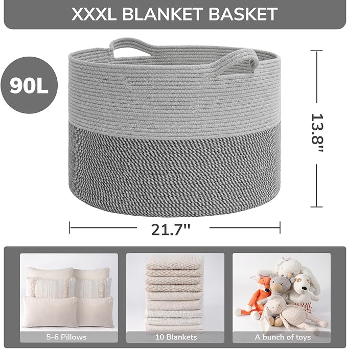 INDRESSME Extra Large Laundry Basket, Cotton Rope Blanket Basket for Nursery Living Room, Decorative Woven Storage Basket with Handles for Dirty Clothes, Toy Bin For Dog Toys, 21.7 x 13.8 inches, Grey