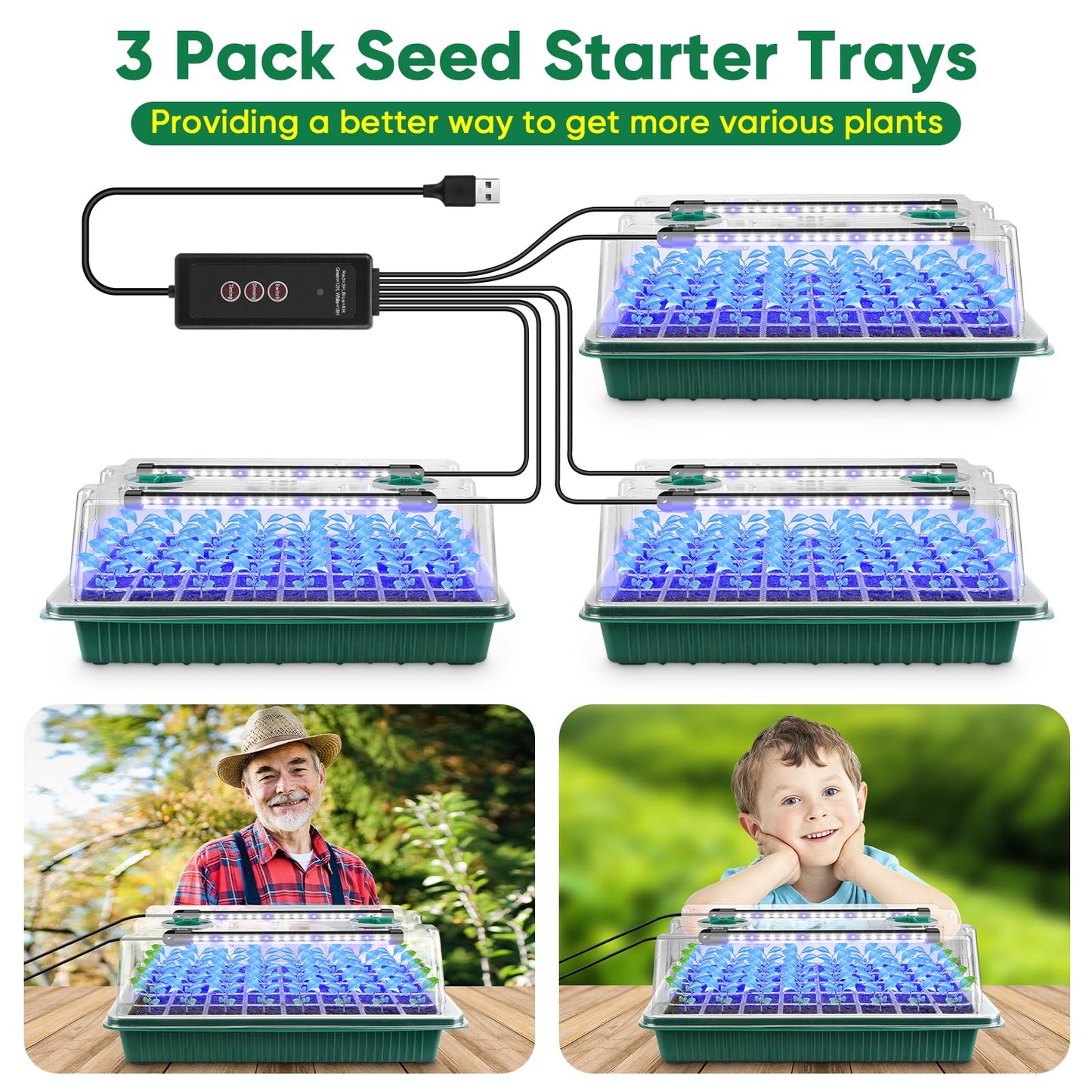 BlumWay Seed Starter Tray with Grow Light,3 Pack 120 Cells Seedling Tray with Humidity Dome/Indoor Grow Kit for Deep-Rooted Seedlings,Adjustable/Timed Light Plant Starter Set