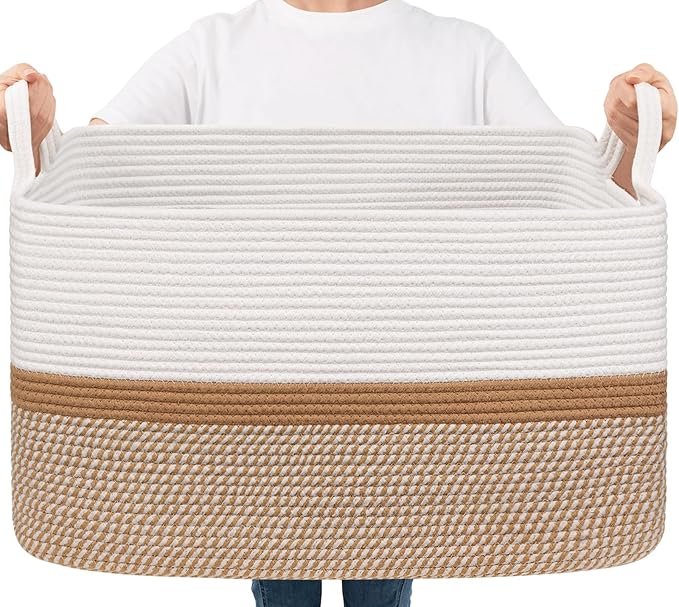Goodpick Large Woven Blanket Basket 21.6" x 14.9" x 11.8" Storage Baskets for Organizing, Cotton Rope Basket for Home Decor Living Room Nursery, Toy Baskets Storage Kids, White & Camel Mix