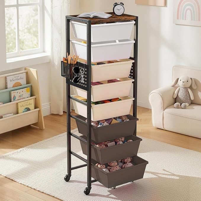 Rolling Cart with Drawers, Rolling Storage Cart with Large Plastic Drawers & Wooden Tabletop, Utility Cart with Pegboards & Basket, Storage Drawers Cart for Living Room, Classroom, Bedroom, Office