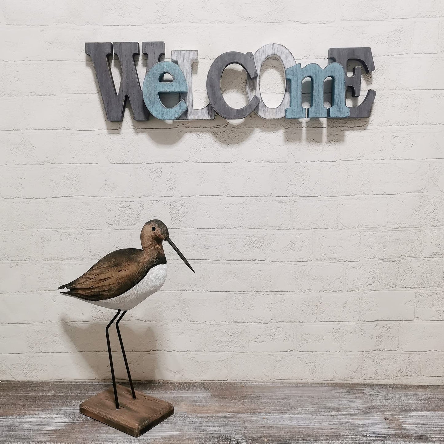 Morning View Wooden Welcome Sign Decorative Hanging Word Signs Table Top Cutout Block Letters Standing Welcome Letter Sign Wall Decor for Living Room Home Decor Shelf Mantel (Aqua)