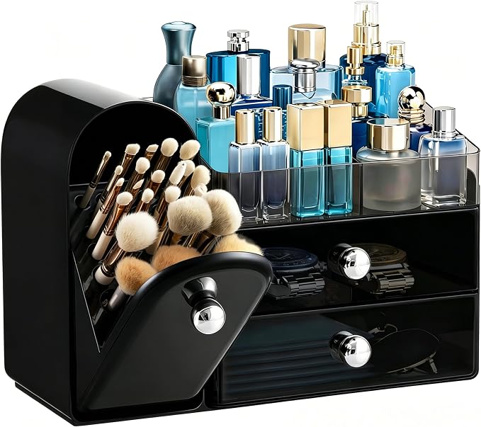 HBlife Makeup Organizer Countertop with Drawers, Vanity Organizers with Brush Holder, Bathroom Counter Organizer for Perfume, Nail Polishes, Lipsticks, Skincare and Eyeshadow Palettes, Black Silver