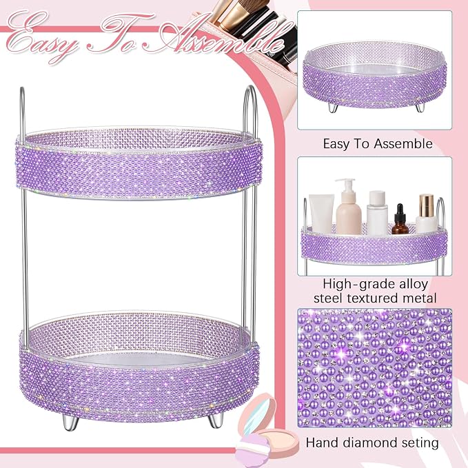 Honeydak 360 Rotating Perfume Organizer Gift for Women, Rhinestone Preppy Skincare Organizer Bathroom Counter Makeup Holder Skincare and Perfume Storage for Cosmetic(2 Tiers,Pearl,Purple)