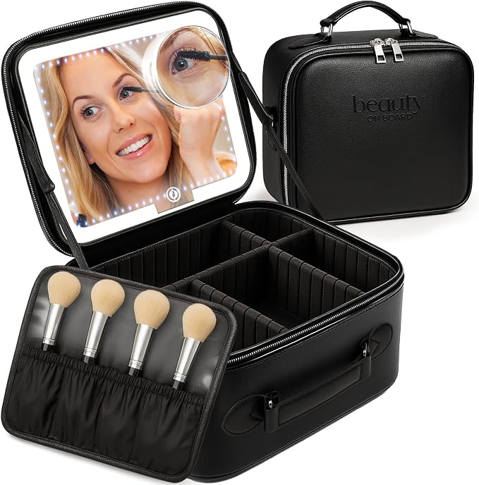 Makeup Bag with LED Mirror, PU Leather Makeup Case - 3 Adjustable Brightness Levels, Lighted Cosmetic Case with Mirror, Dividers - Make Up Portable Storage Travel Organizer with Handle