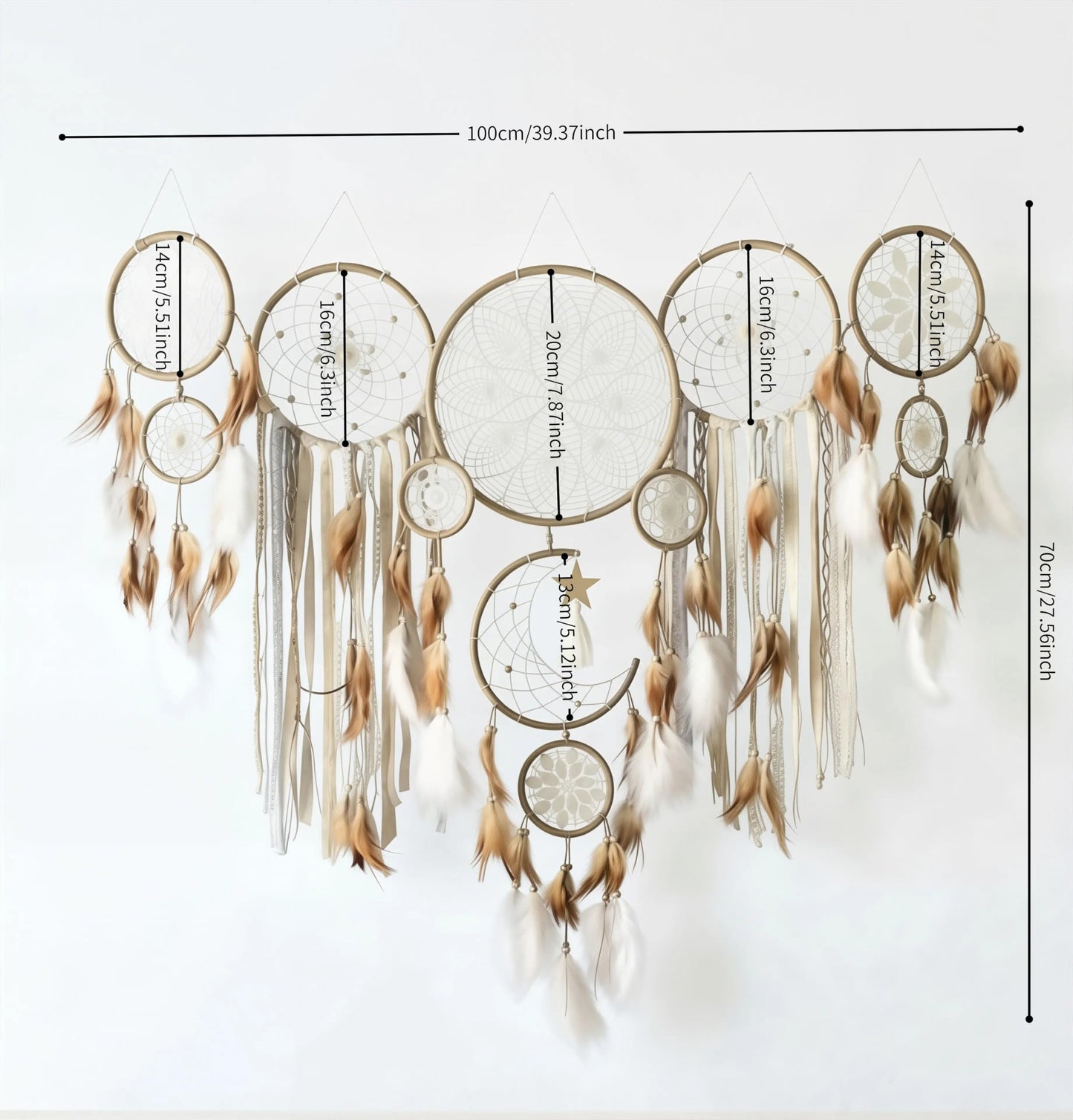 Handcrafted Dream Catcher Wall Decor Set, 5 Pieces, Round Shape, 10 Inch Diameter, Cotton and Feather, Art Deco Style, Moon and Star Design, Indoor Hanging Ornaments (5, Brown)