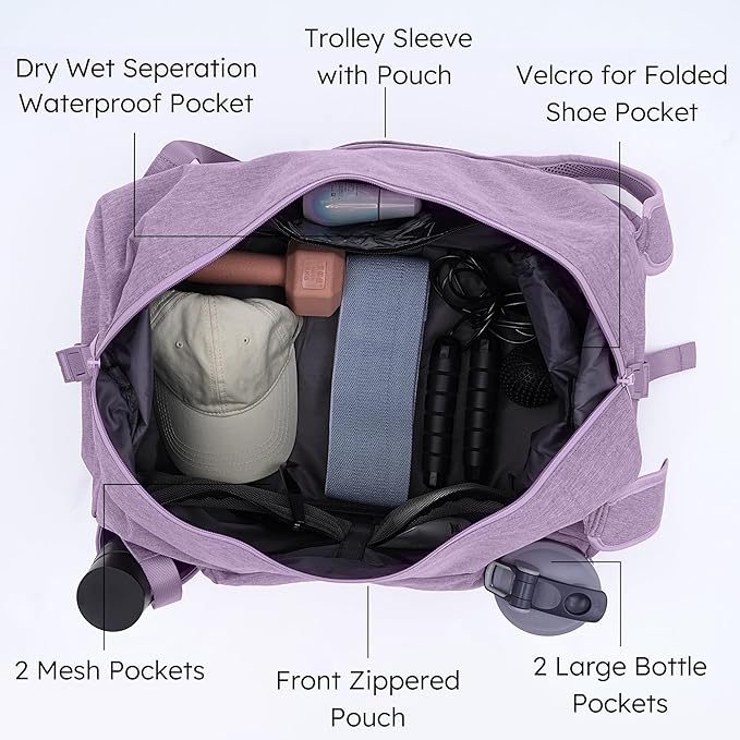 Purple Large Convertible Gym Bag & Backpack with 7 Compartments, Waterproof Shoe Compartment, Wet Pocket, 2 Bottle Holders & Trolley Sleeve - Women's Sports Duffel Bag