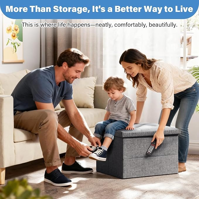 Dayacoco Storage Ottoman Foot Rest Stool, Foldable Foot Rest Stool with Thicker Foam Padded Seat, 43L Small Ottoman with Storage, Holds Up to 350lbs, 17x13x13in,Drak Gray