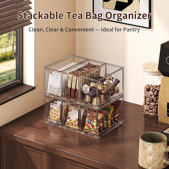6 Pack Tea Bag Organizers, Clear Tea Packet Storage Bins for Pantry Countertop, Tea Station, Kitchen Cabinet, Stackable Teabag Holder Acrylic Drawer Organizer for Coffee Pods, Spice & Sugar Packets
