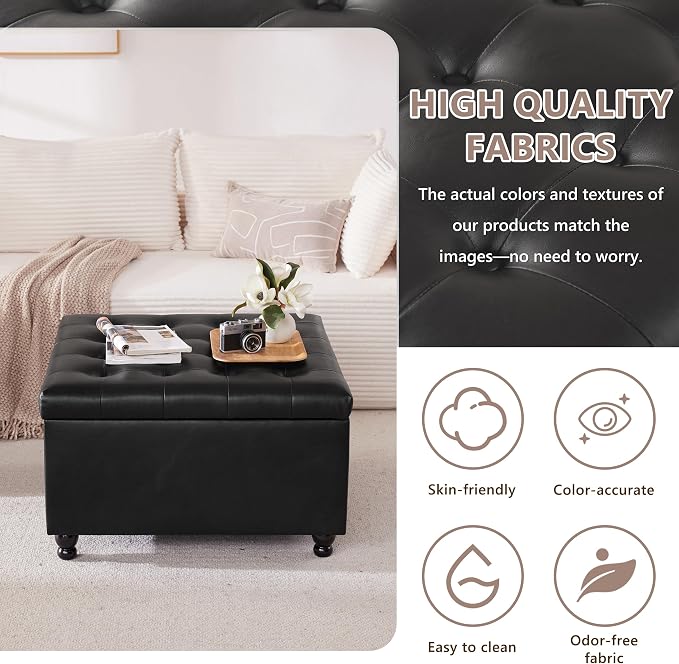 Weture Large Square Storage Ottoman Coffee Table, Oversized Square Ottoman with Storage, Tufted Upholstered Coffee Tables for Living Room (30 Inch,Leather, Black)