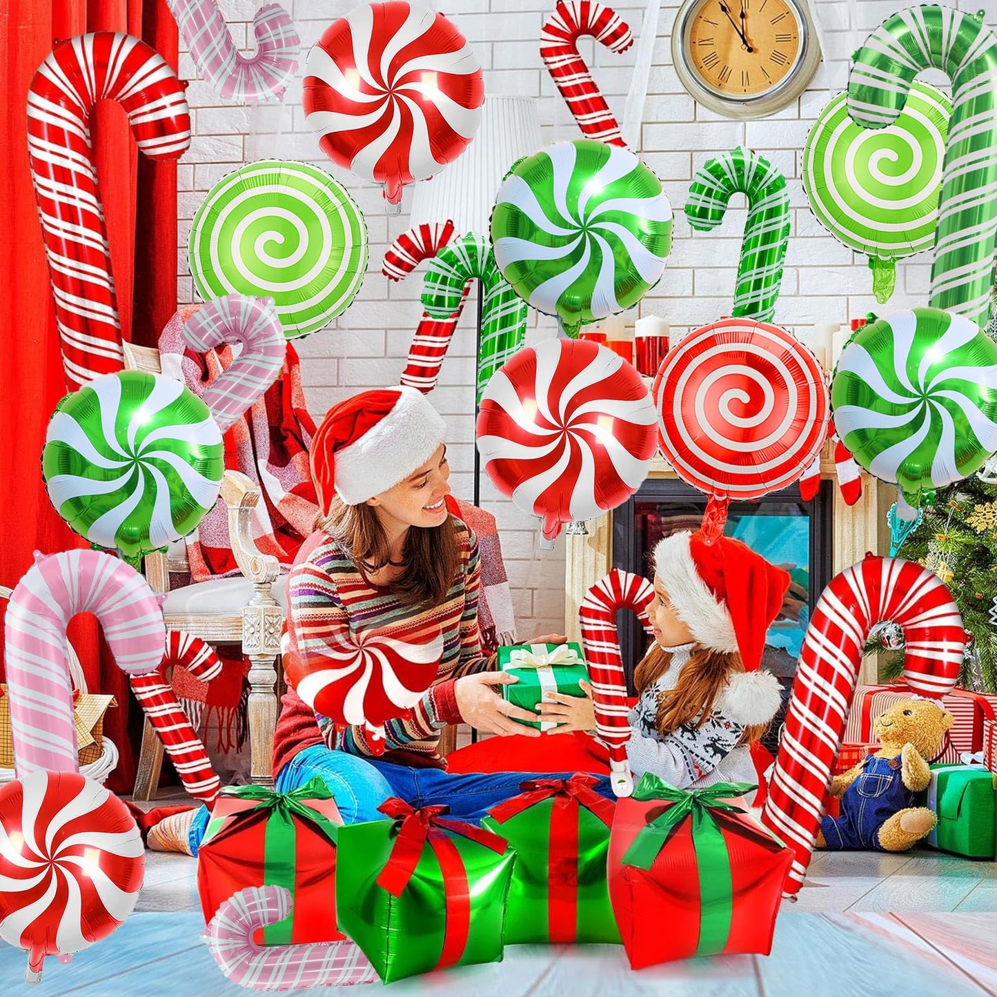 24 Pcs Christmas Balloons, Candy Cane Swirl Gift Box Balloons, Foil Red Green Pink Balloons Kit for Christmas Party Birthday Candy Themed Party Decorations