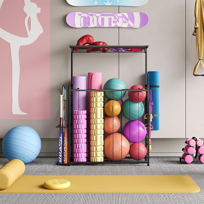 Large Sports Equipment Organizer, Garage Storage Ball Rack with Elastic Straps and 3 Hooks, Outdoor Toy Organizer Stand, Garage Organization Storage Rack for Basketball, Football, Soccer, Volleyball