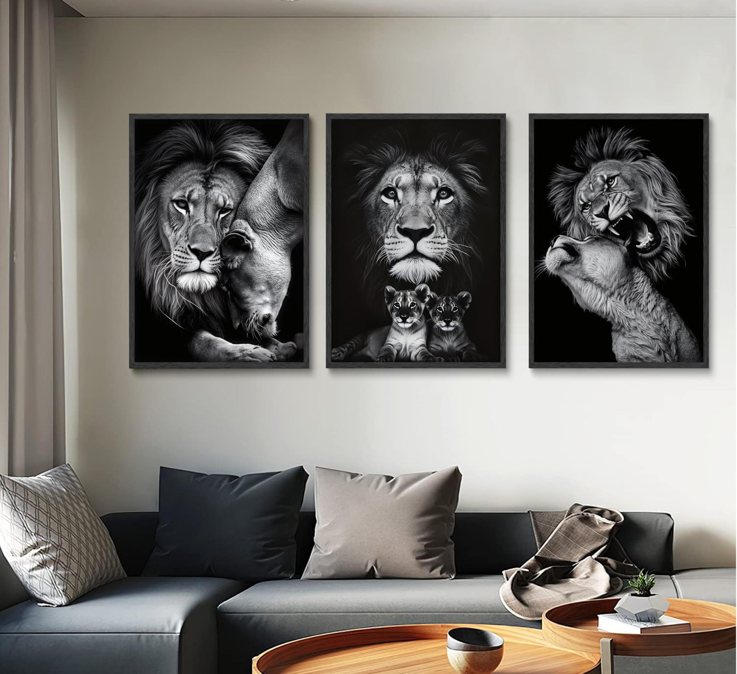 3pcs Black and White Lion Family Triptych Wall Art Canvas Paintings Animal Posters Prints Pictures Wall Decor for Bedroom Living Room Office Decoration Unframed