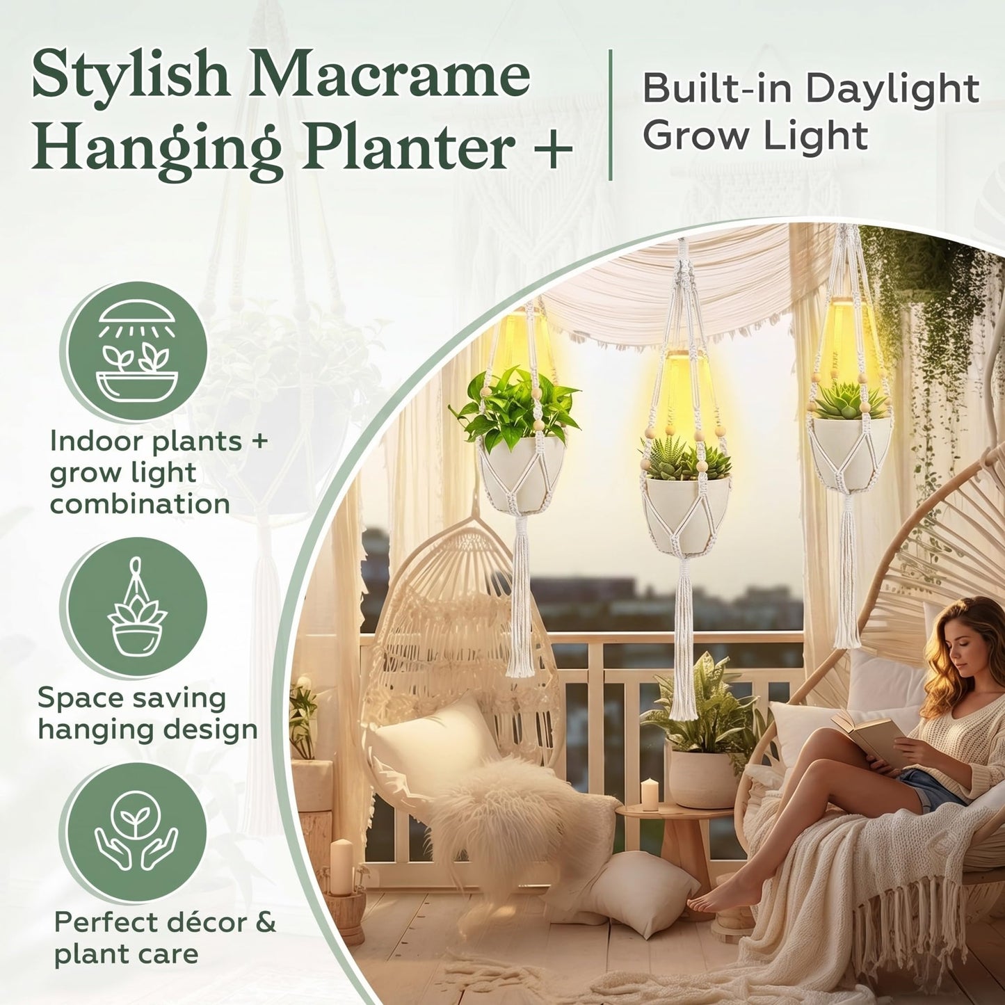Huquary 3 Pack Macrame Plant Hanger with Grow Light Hanging Boho Planter Basket Flower Holder and Hanging Remote Grow Lights for Indoor Plants Suitable for Different Size Pots(White)