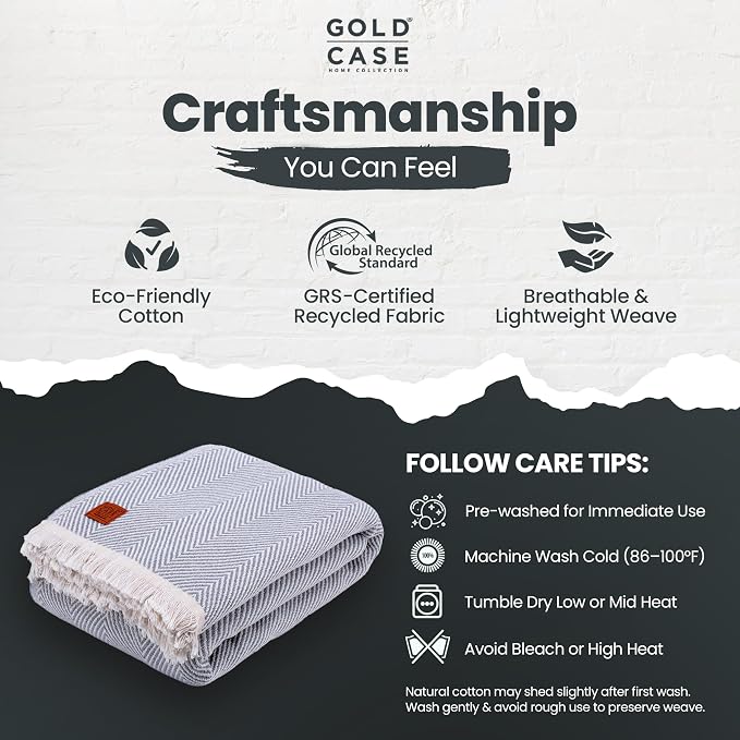 Gold Case Throw Blanket for Bed - 100% Recycled Turkish Cotton Blanket - Elegant Lightweight Soft Throw Blankets for Bed & Living Room - Queen Size Cozy Blankets - 90x90 - Grey