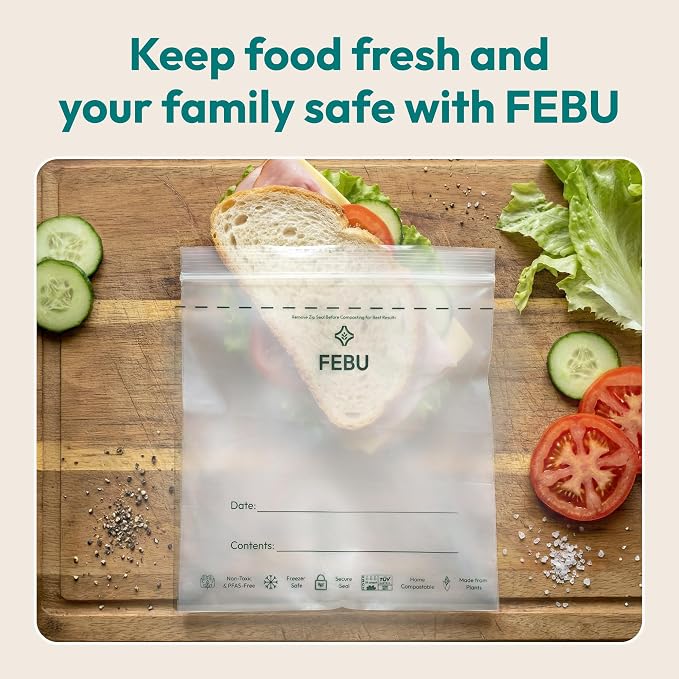 FEBU Sandwich Compostable Food Storage Bags, 180 Count | Certified Home Compostable & Biodegradable | PFAS & BPA Free Zipper Bags | Leak-Proof & Resealable | 6.5"x 5.88”