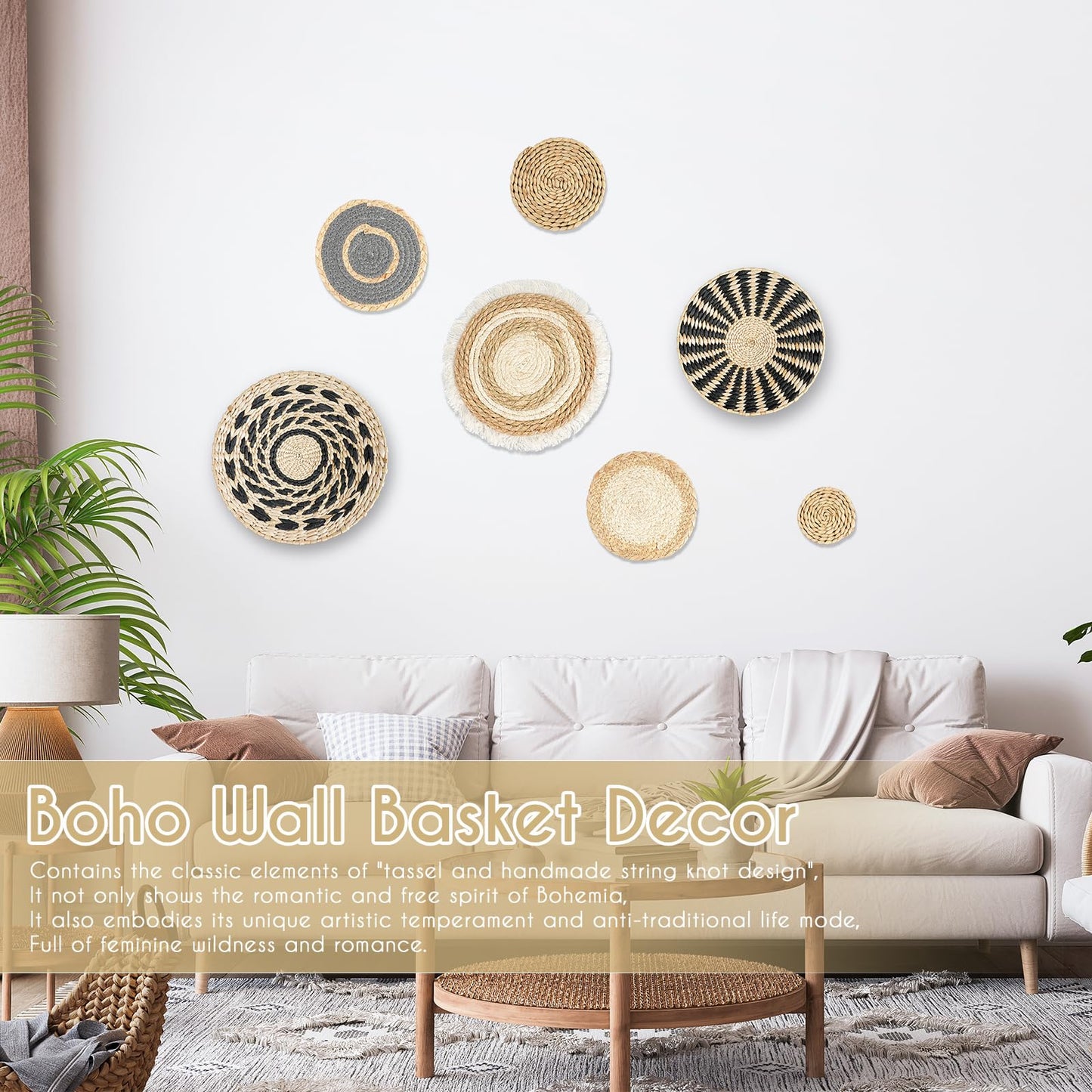 7PCS Boho Wall Baskets Set, Boho Wall Decor, Round Handmade Seagrass Rattan Wicker Wall Art Room Decor Hanging Wall Basket Decor for Farmhouse Living Room Bedroom Display Table Kitchen Home (Black)