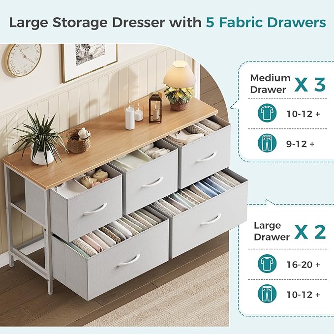 OLIXIS Dresser for Bedroom with 5 Drawers, Wide Chest of Drawers, Fabric Bedroom Dresser with Drawer Organizer, Storage Organizer Unit with Fabric Bins for Closet, Living Room, Hallway, Light Grey