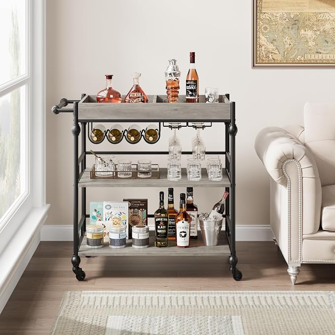 GarveeHome Bar Cart with Wheels, 3-Tier Serving Cart for Home, Mobile Rolling Beverage Cart with Wine Rack and Removable Tray for Kitchen, Dining, Living Room, 35.4" x 15.7" x 34.1", Grey