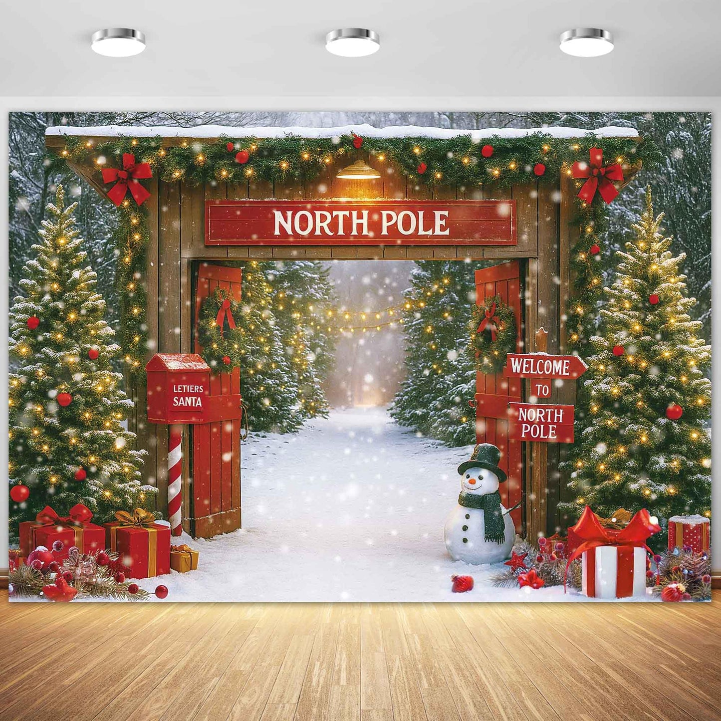 Fluzimir Christmas Photography Backdrop 10x8ft – Rustic Snowy Forest Barn Door with Xmas Tree, North Pole Winter Scene Fabric Photo Background for Family Party, Baby Holiday Photos