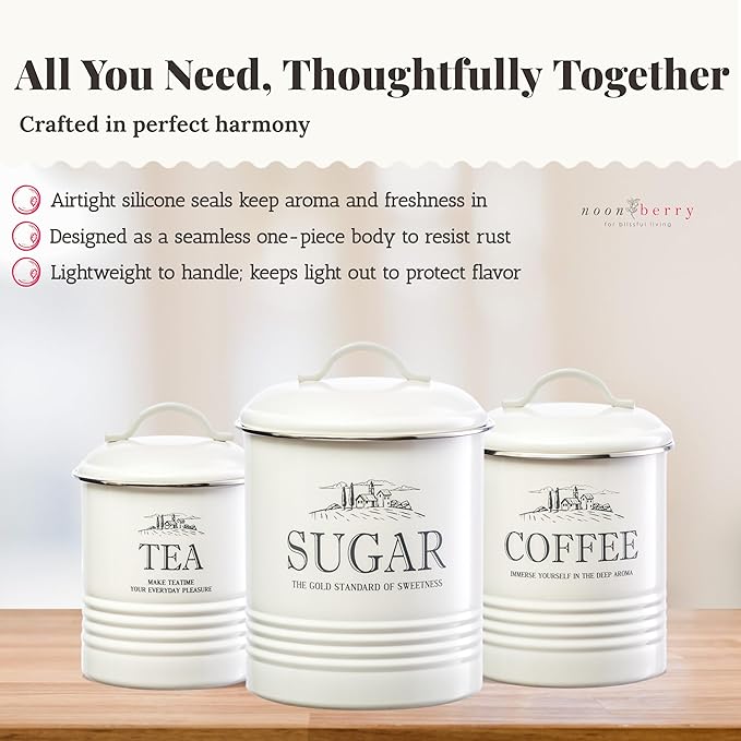 noonberry Kitchen Canisters for Countertop - 3-Piece Airtight Kitchen Canister Set - Sugar Coffee Tea Containers for Kitchen Counter - Cream-White Magnolia Finish