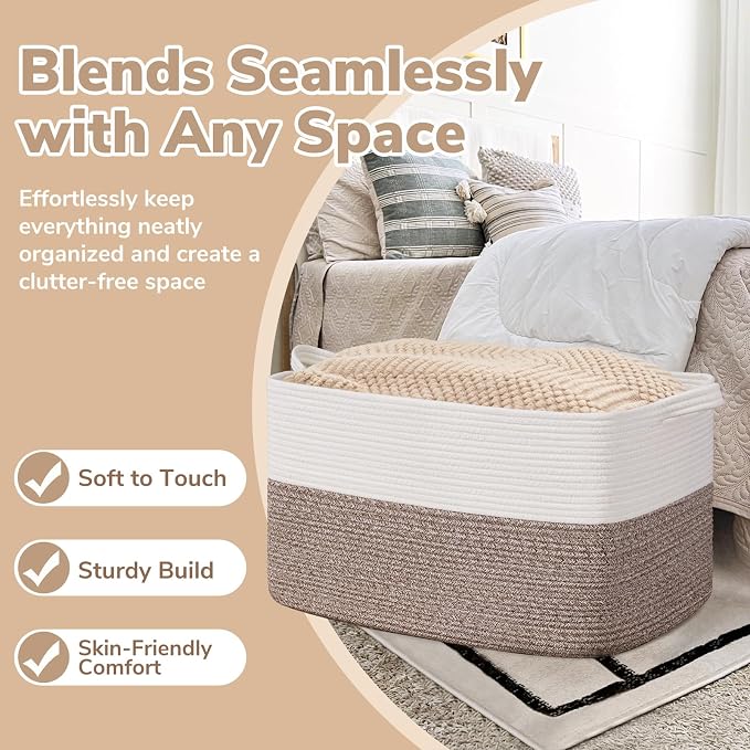 Goodpick Large Woven Blanket Basket 21.6" x 14.9" x 11.8" Storage Baskets for Organizing, Baby Laundry Basket with Handles, Toy Storage Baskets for Living Room Nursery, Brown