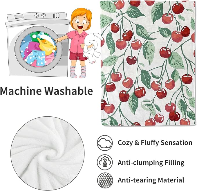 Cherry Blanket Fresh Red Fruit Throw Blankets with Green Leaves,Birthday Gifts for Kids Adult Women,Lightweight Soft Fleece,for Sofa Couch Bed Room Farmhouse Summer Decor 60x80in