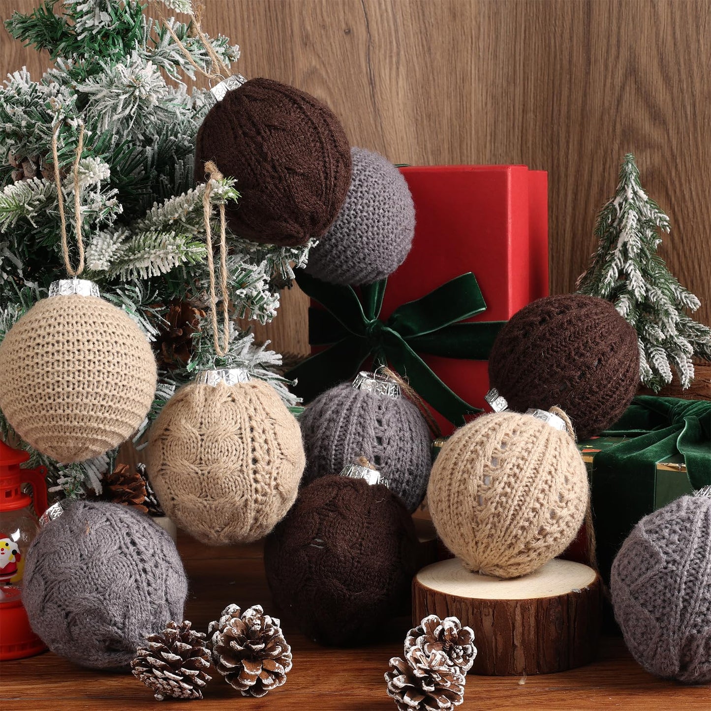 15-Pack Neutral Christmas Ornaments Crochet Christmas Balls - Handmade Style Yarn Ornaments,3.15 inch Knitted Cotton Baubles for Rustic Farmhouse Holiday Xmas Gift Decor (Grey Scheme)
