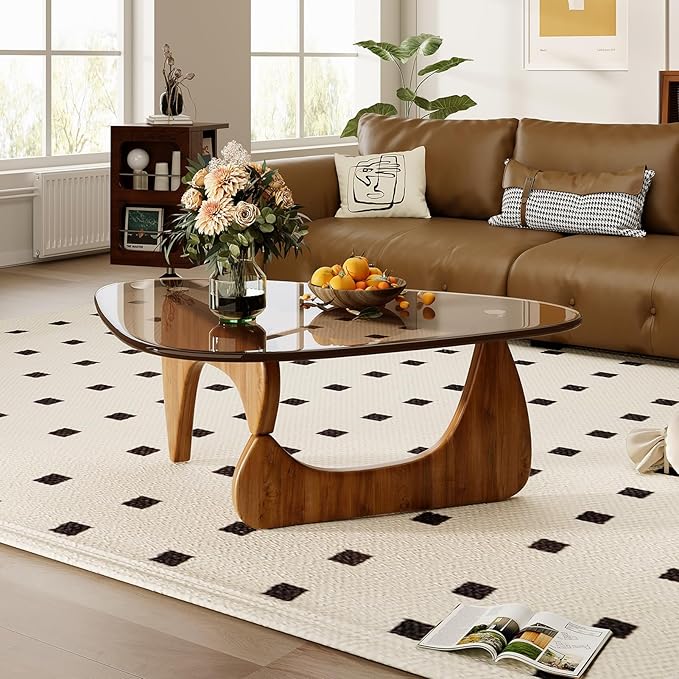 Coffee Table for Living Room Mid Century Modern Center Table with Glass Top and Wood, 32 Inch, Brown/Walnut